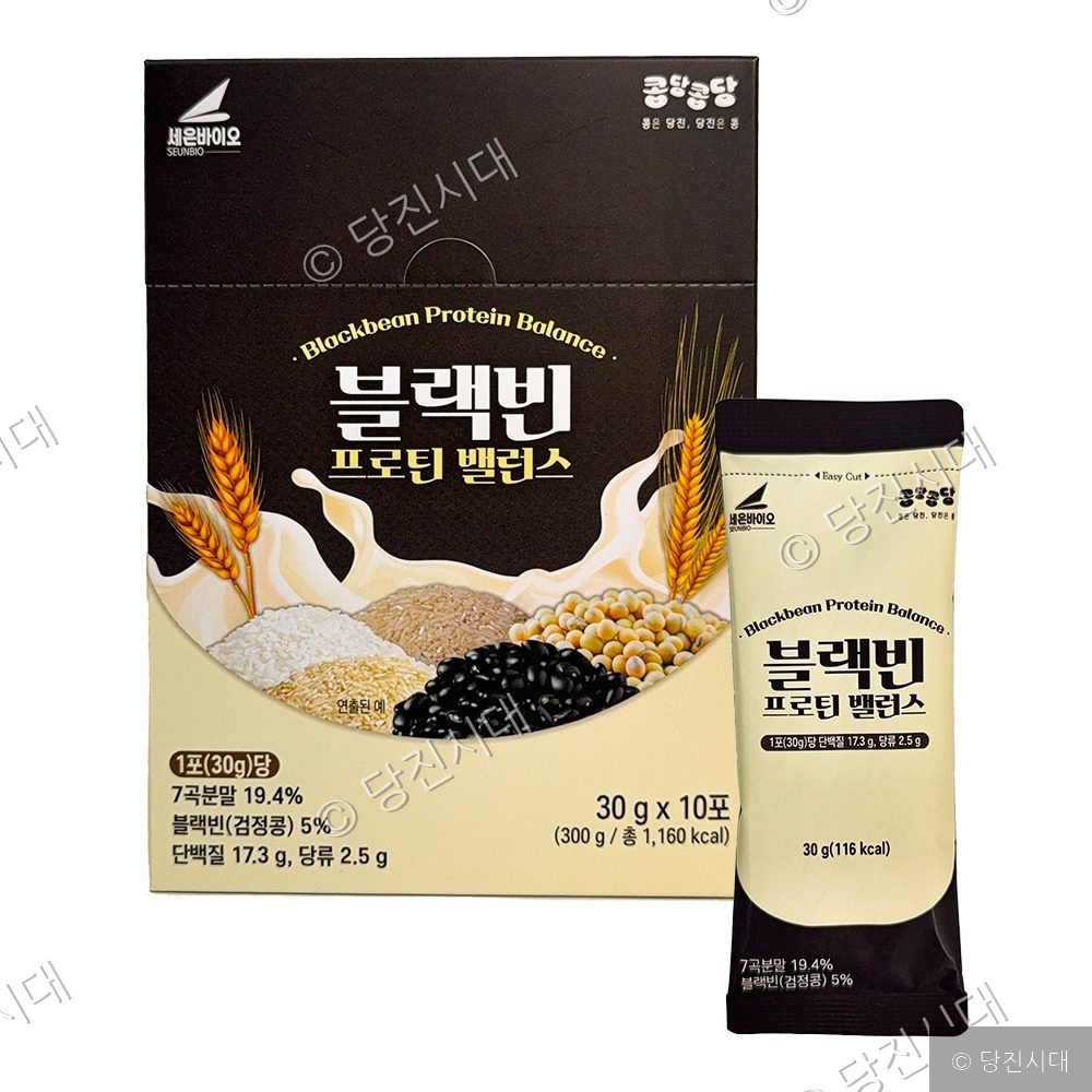 세은바이오의 블랙빈 프로틴 밸런스 제품과 포장 박스가 놓여 있다.