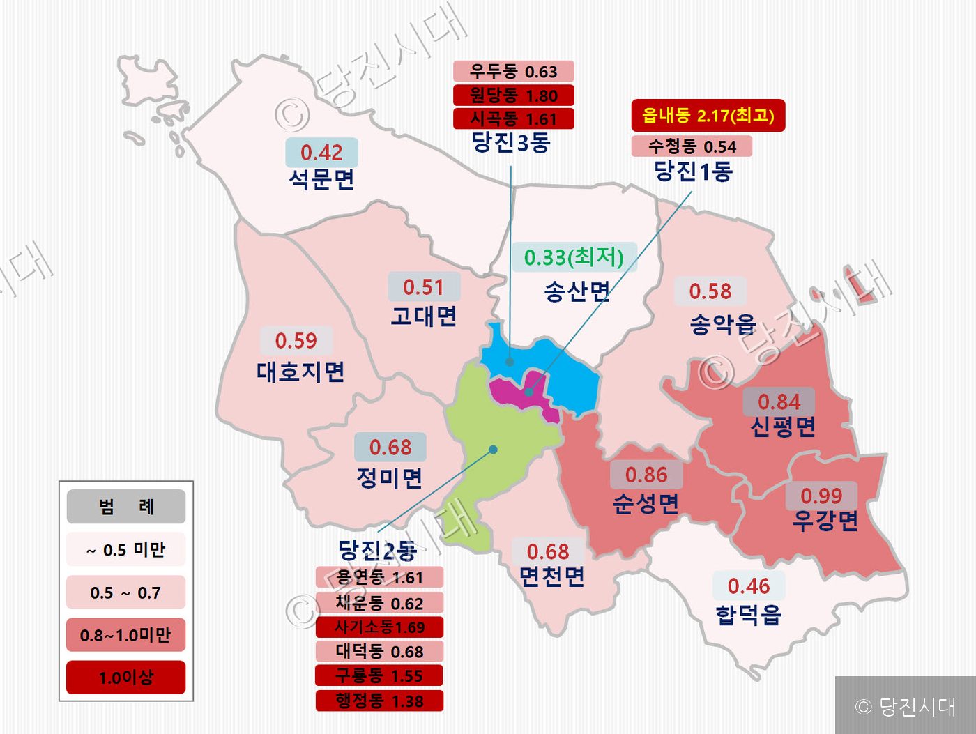 당진시의 읍면동별 표준지 공시지가 변동률을 보여주는 지도가 배치되어 있다.