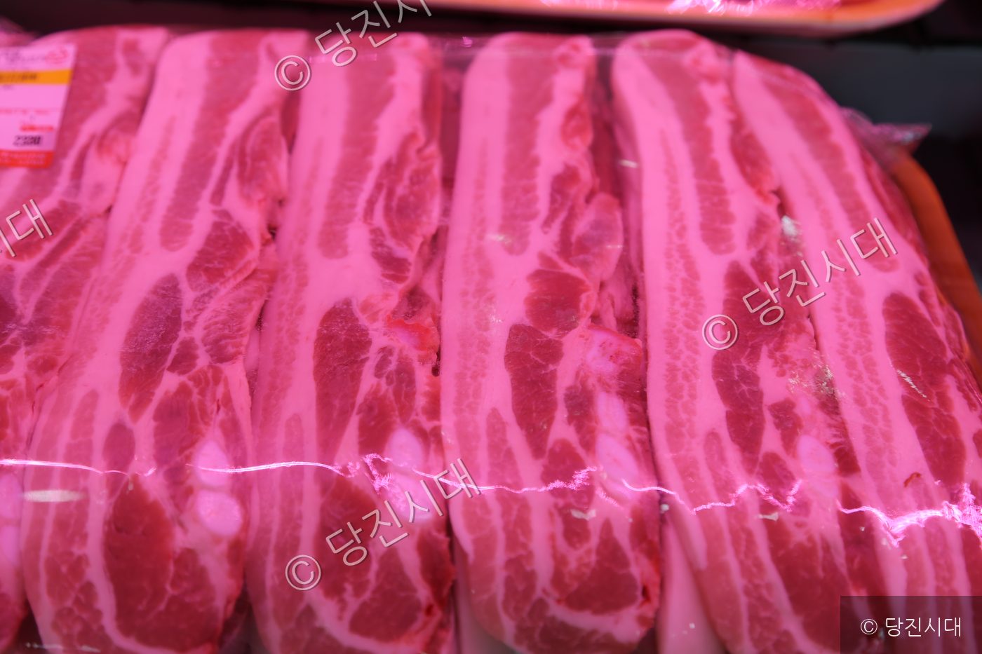 포장된 신선한 돼지고기 삼겹살이 진열되어 있다.